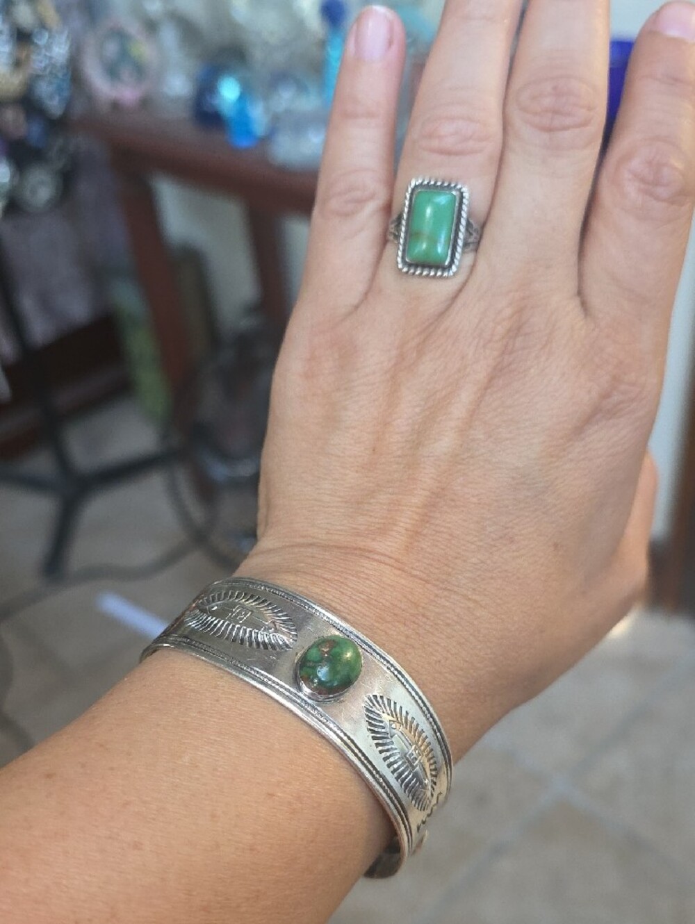 Fred Harvey Era Sterling Silver Turquoise Cuff Sterling Whirling Log - Picture 5 of 9